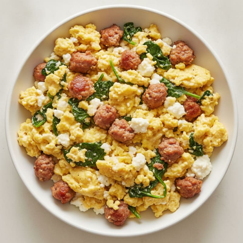 Cottage Cheese Scramble with Turkey Sausage and Spinach