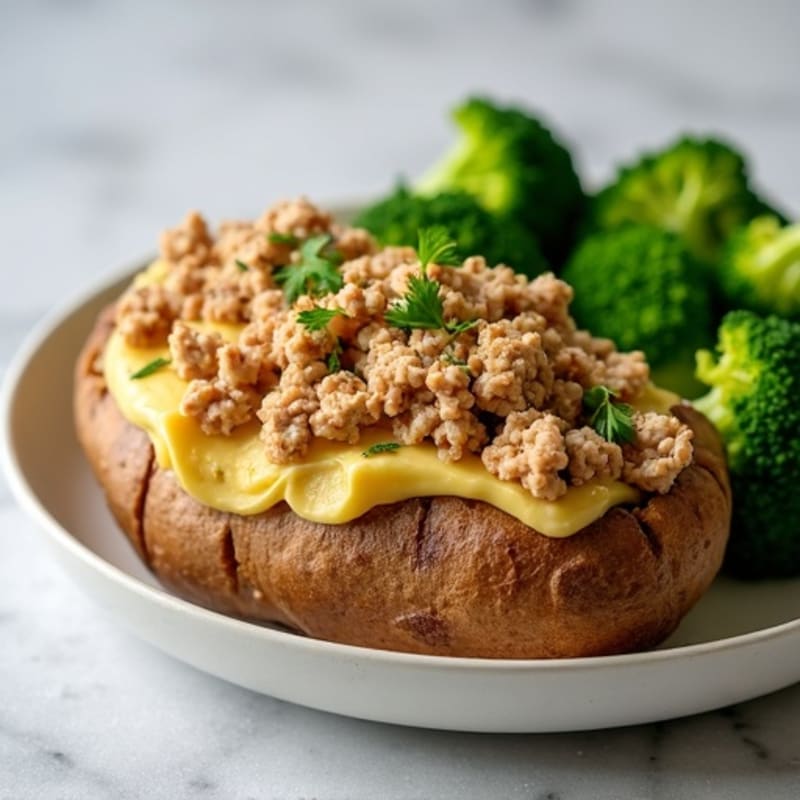 Hearty Baked Potato with Lean Ground Turkey and Steamed Broccoli