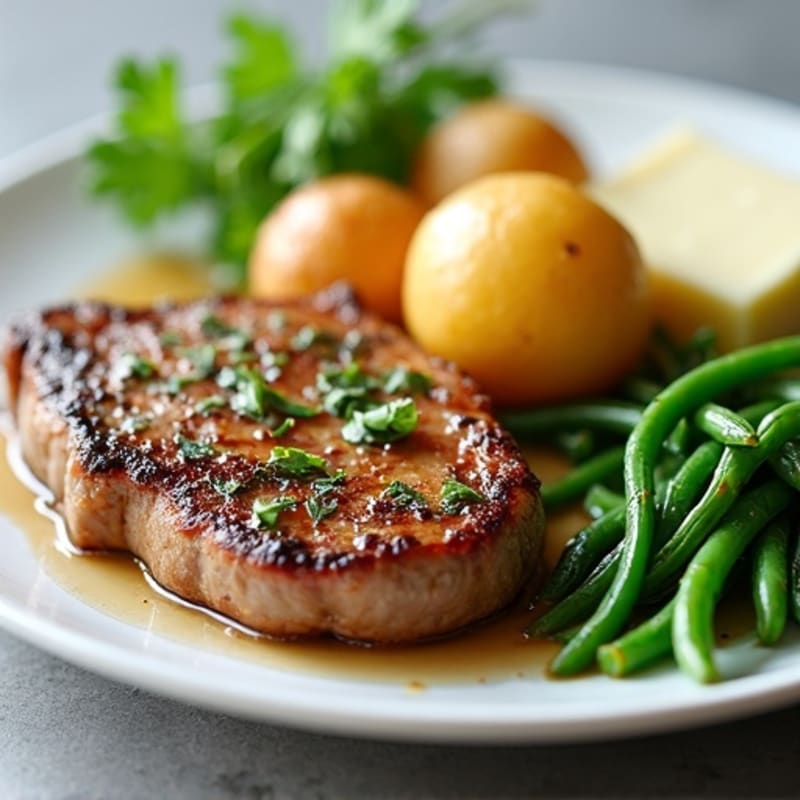 Tender Garlic Butter Steak with Crispy Roasted Potatoes and Fresh Green Beans