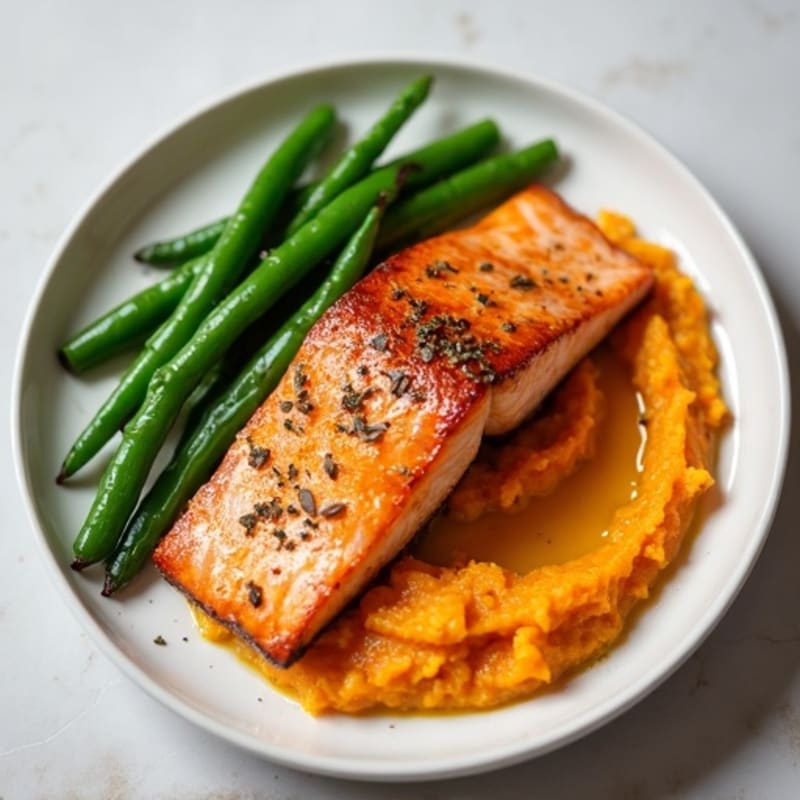 Seared Salmon with Garlic Green Beans and Sweet Potato Mash
