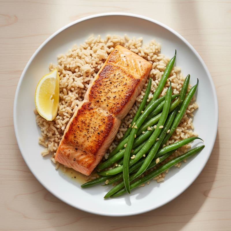 Seared Salmon with Garlic Green Beans and Brown Rice