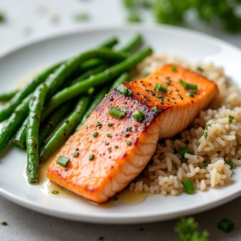 Seared Salmon with Garlic Green Beans and Brown Rice