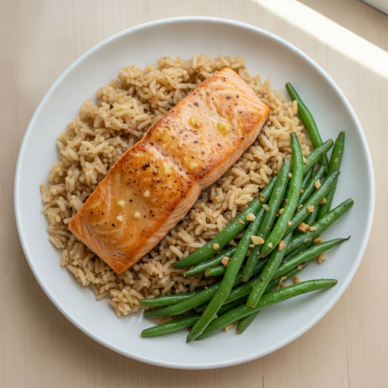 Seared Salmon with Garlic Green Beans and Brown Rice
