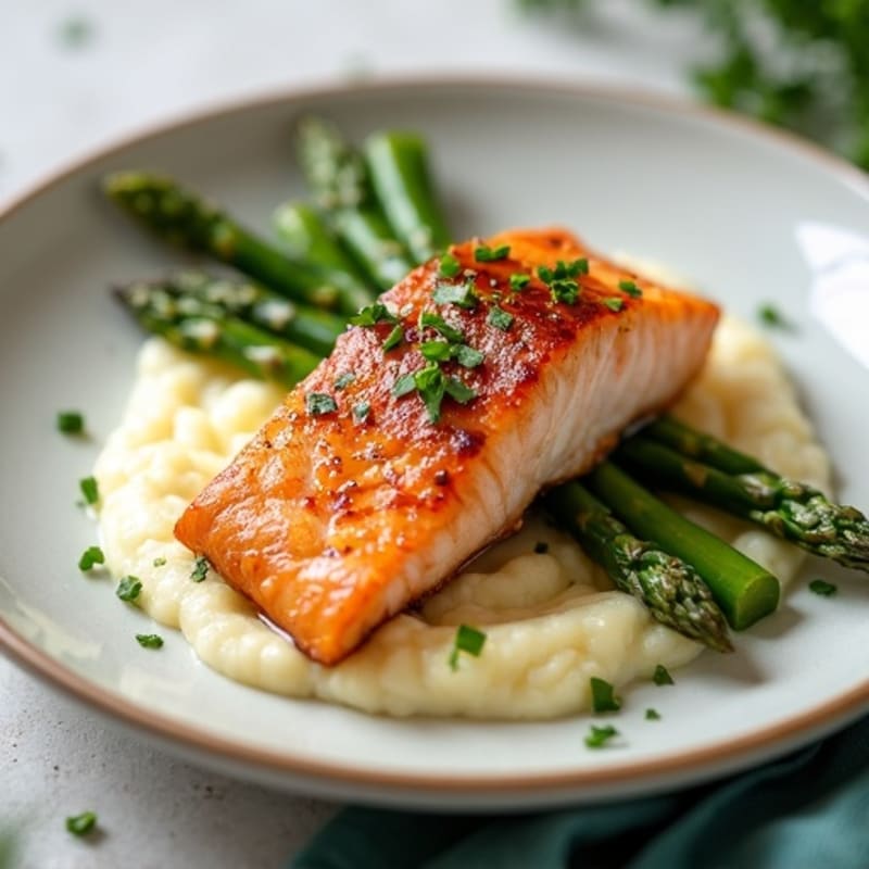 Seared Salmon with Steamed Asparagus and Cauliflower Mash