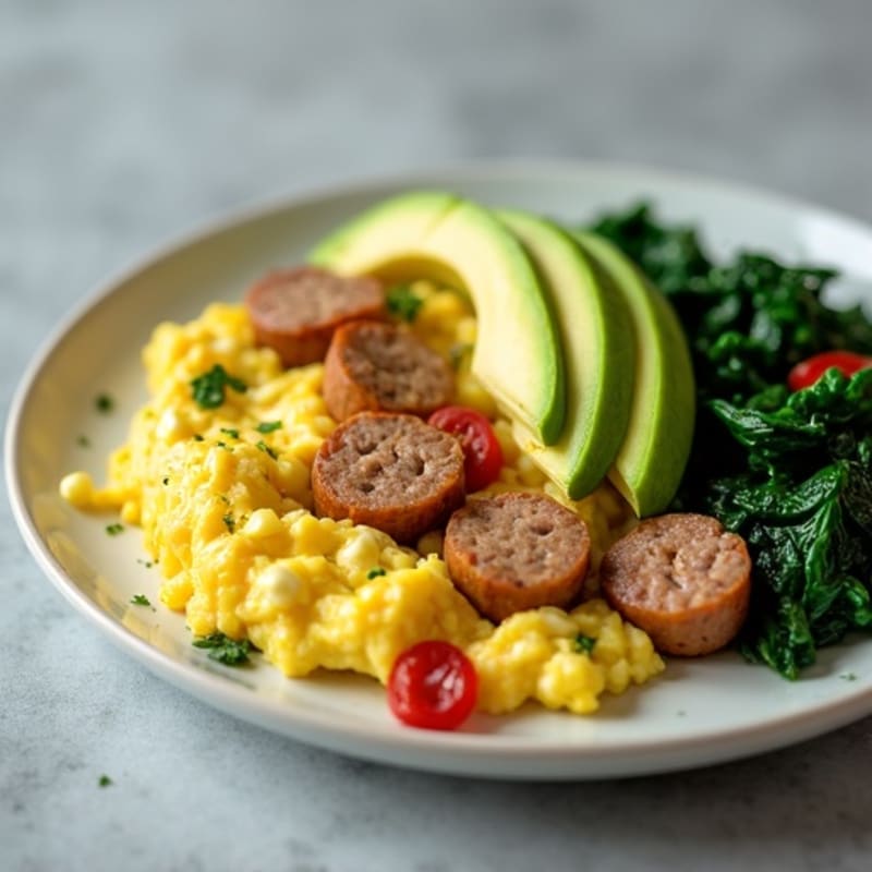 Egg White Scramble with Turkey Sausage and Sautéed Spinach
