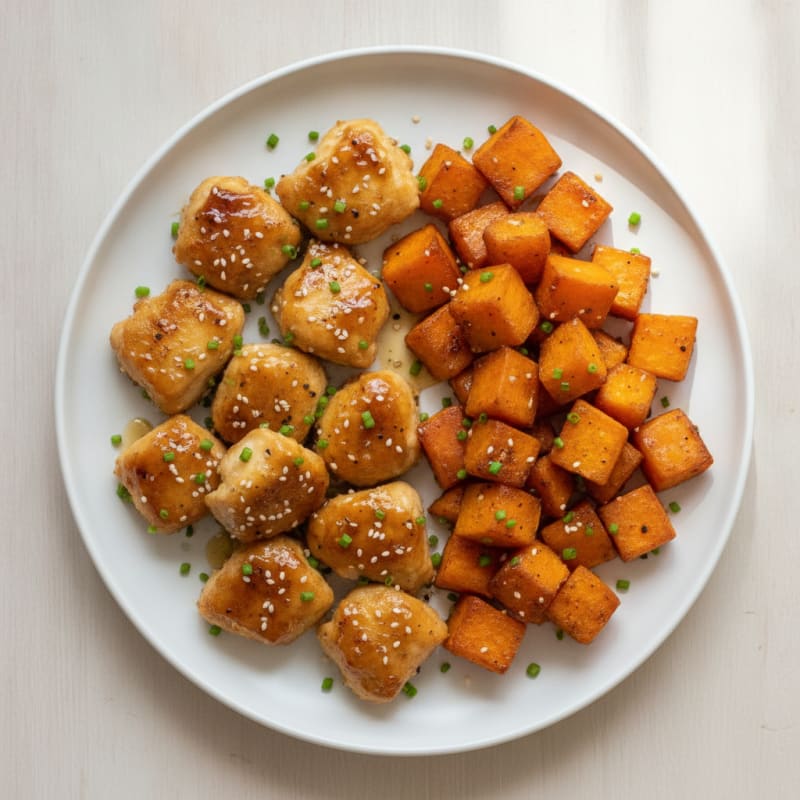 Baked Honey-Garlic Chicken Nuggets with Sweet Potato