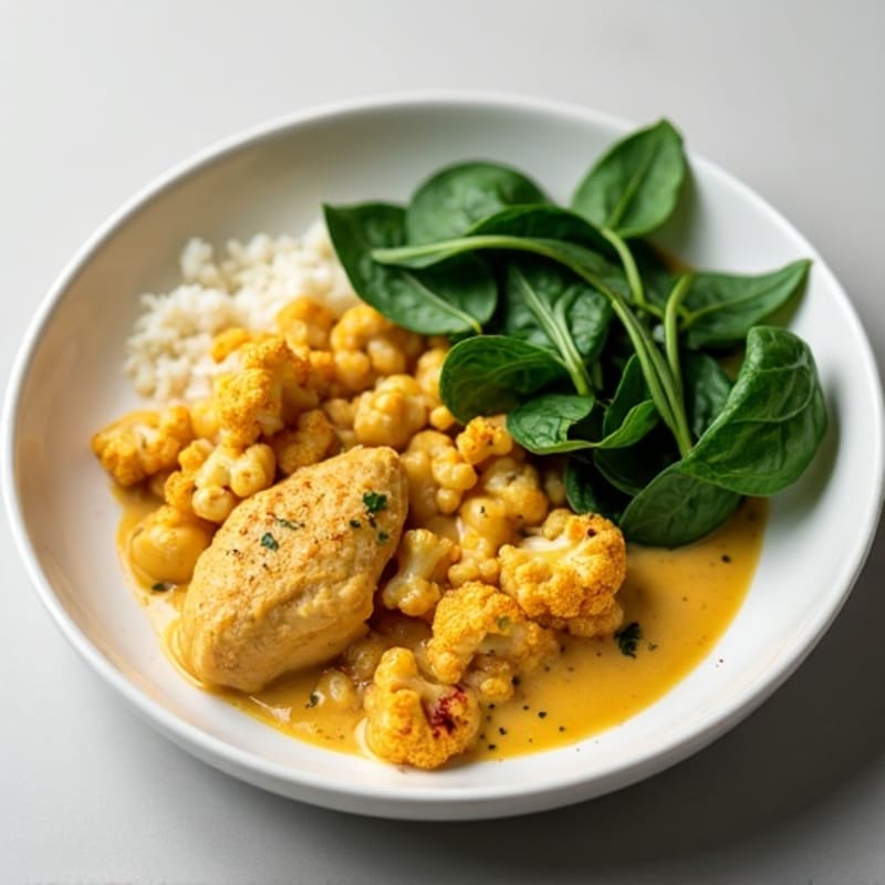 Creamy Coconut Curry Chicken with Roasted Cauliflower and Fresh Spinach