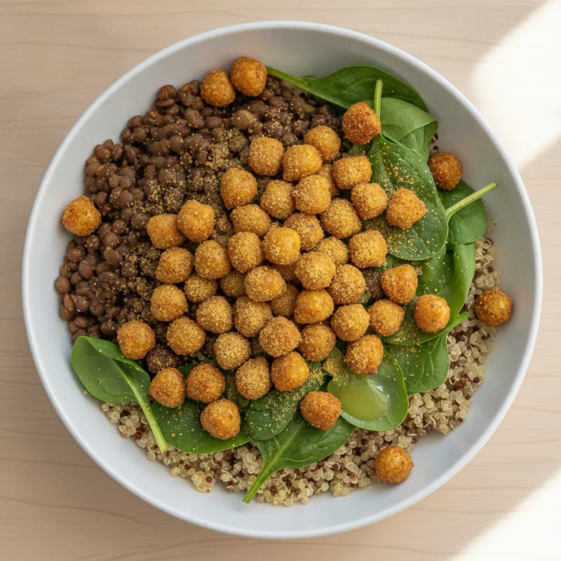 Crispy Lentil and Quinoa Power Bowl with Roasted Chickpeas