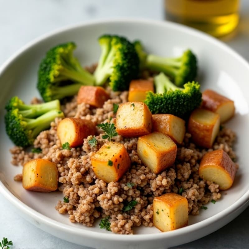 Crispy Baked Potato Hash with Lean Ground Turkey and Roasted Broccoli