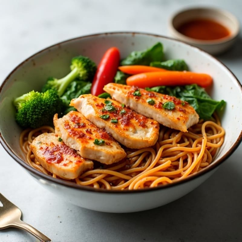 Spicy Sriracha Chicken Ramen Bowl with Fresh Vegetables