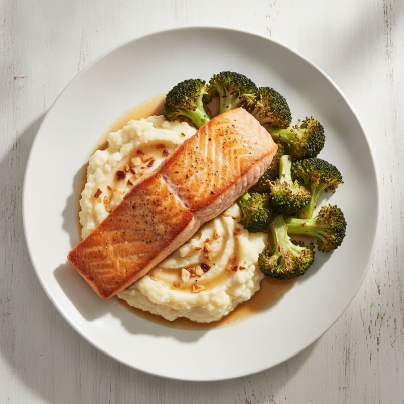 Seared Salmon with Roasted Broccoli and Garlic Mashed Cauliflower