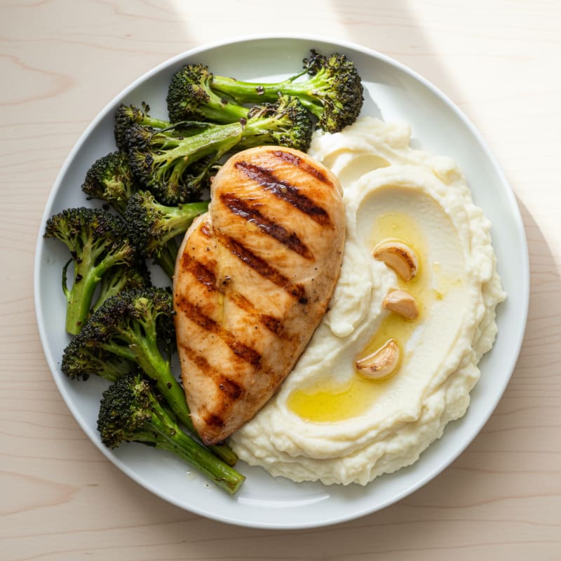 Grilled Chicken Breast with Roasted Broccoli and Garlic Cauliflower Mash