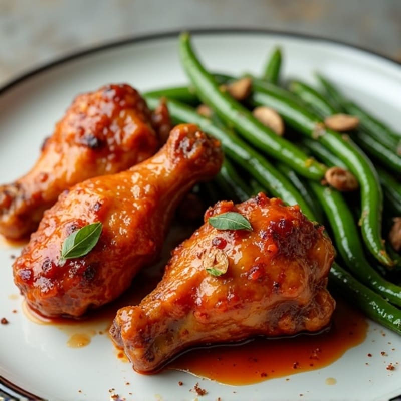 Crispy Baked Spicy BBQ Chicken Wings with Roasted Green Beans