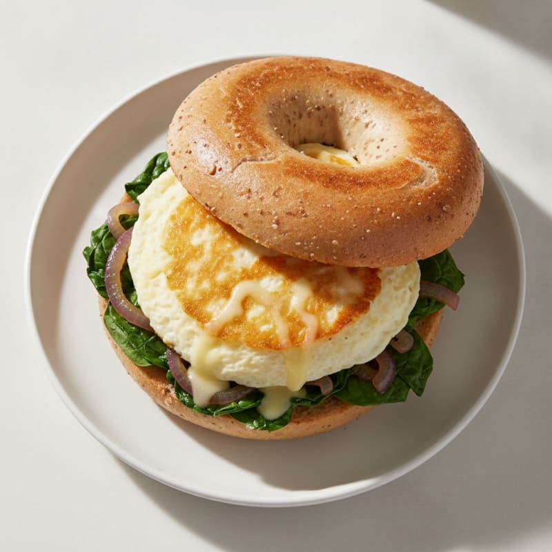 Egg White and Spinach Bagel Sandwich with Sautéed Red Onion