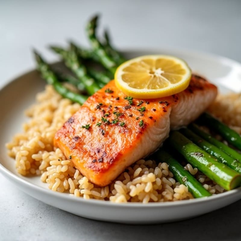 Seared Salmon Fillet with Steamed Asparagus and Brown Rice