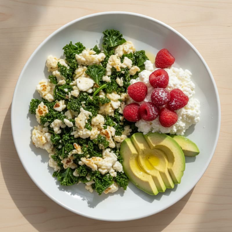 Egg White and Kale Scramble with Cottage Cheese and Raspberries