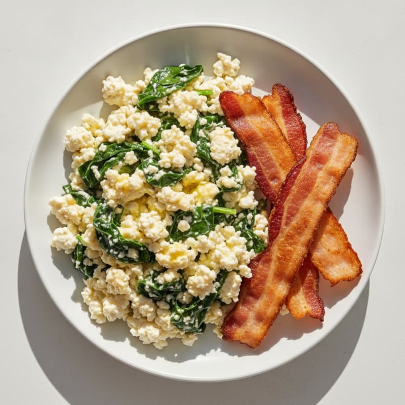 Cottage Cheese Egg Scramble with Spinach and Turkey Bacon