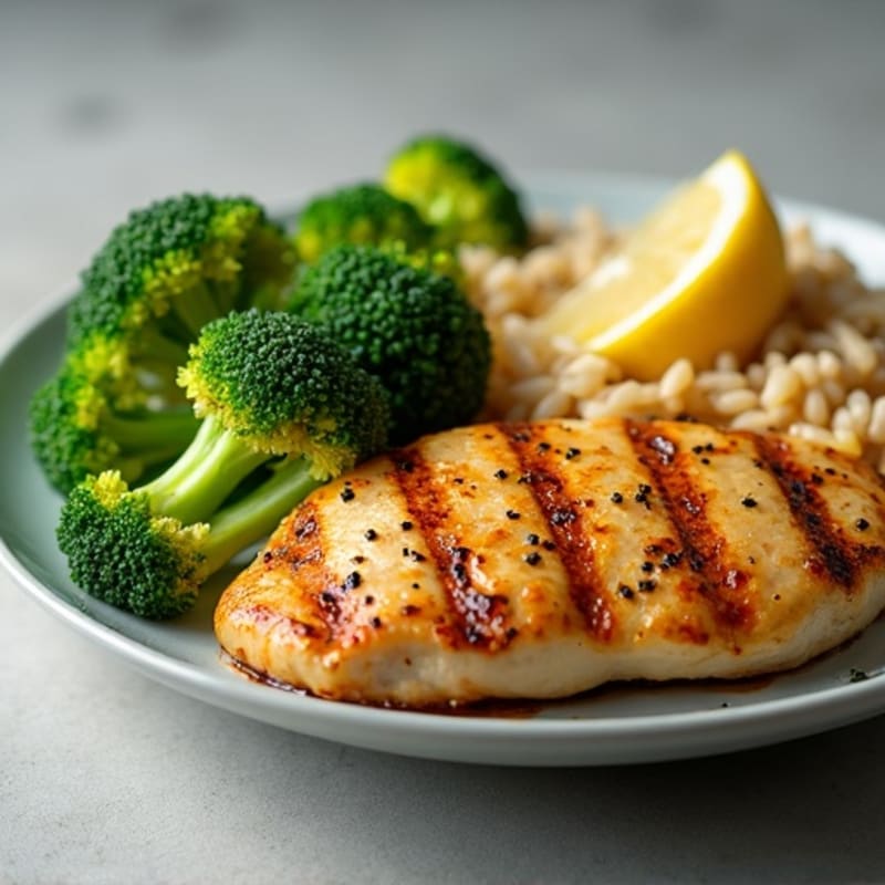 Grilled Lemon Garlic Chicken Breast with Steamed Broccoli and Brown Rice