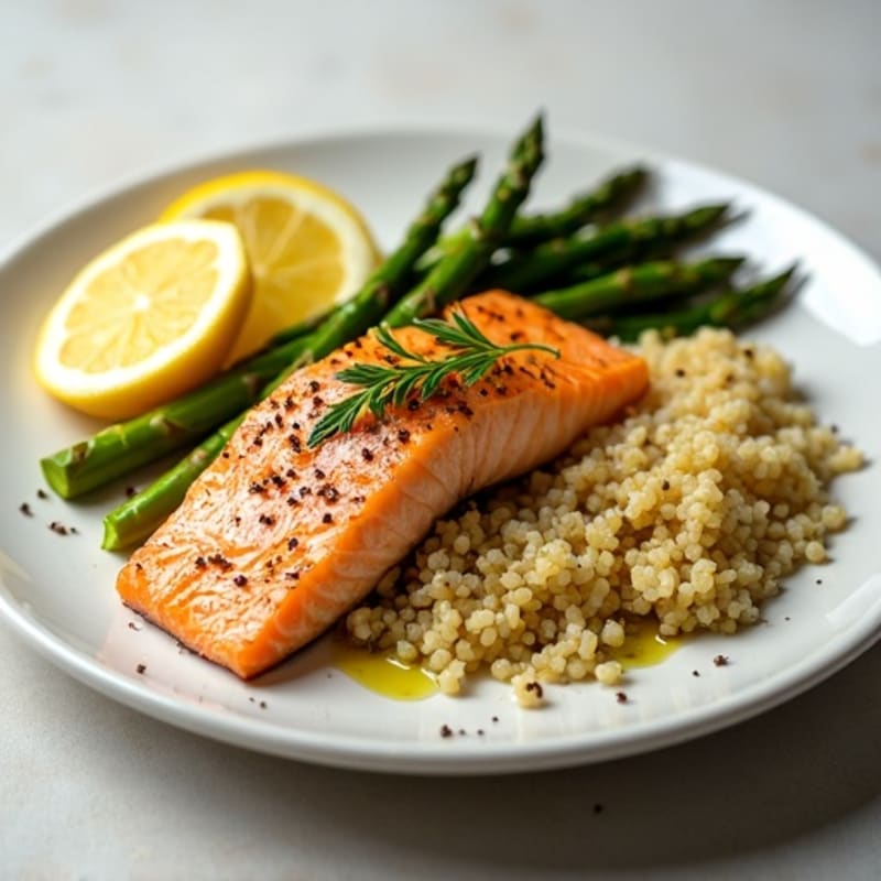 Lemon Garlic Roasted Salmon with Asparagus and Quinoa