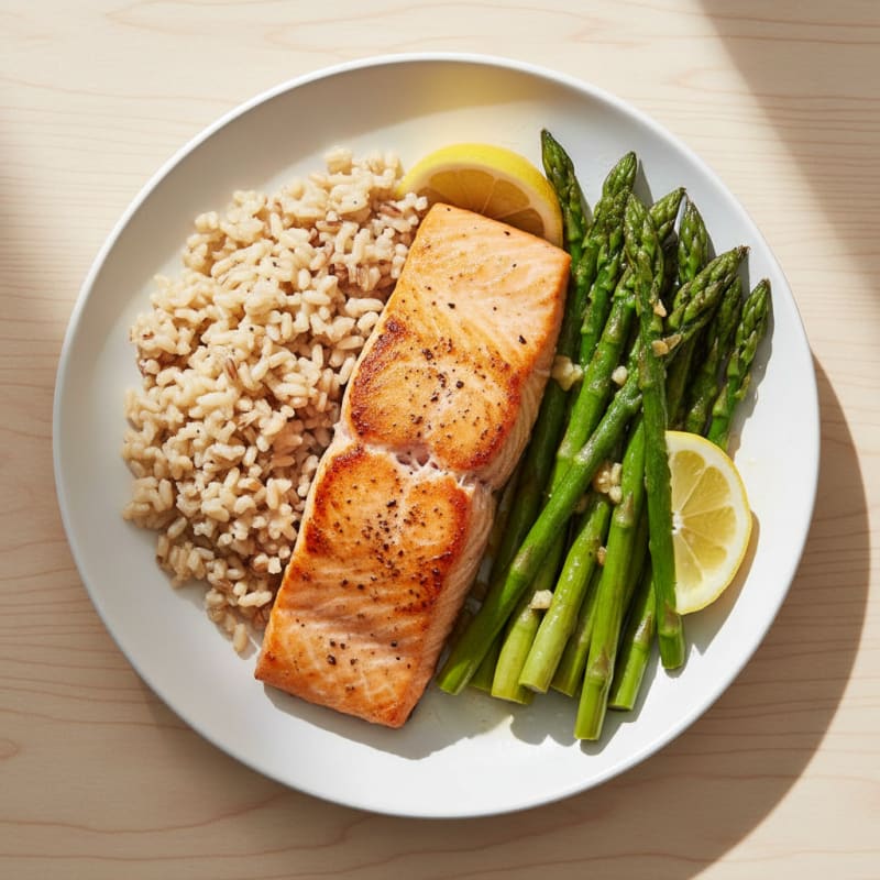 Seared Salmon with Lemon-Garlic Asparagus and Brown Rice
