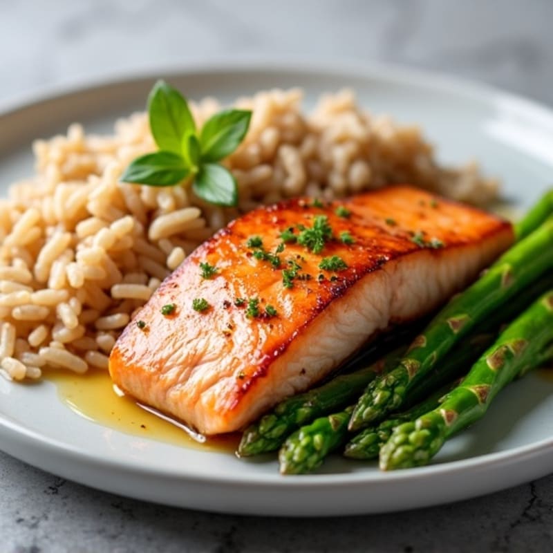 Seared Salmon with Steamed Asparagus and Brown Rice