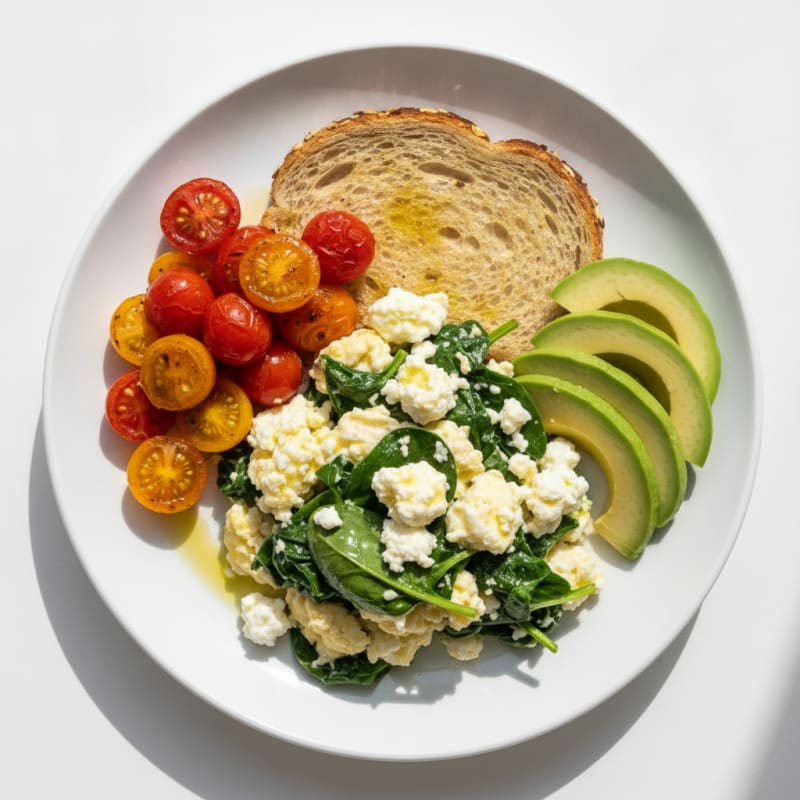 Egg White and Spinach Scramble with Cottage Cheese and Cherry Tomatoes