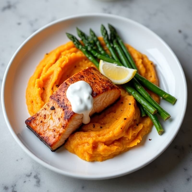 Seared Salmon with Steamed Asparagus and Sweet Potato Mash