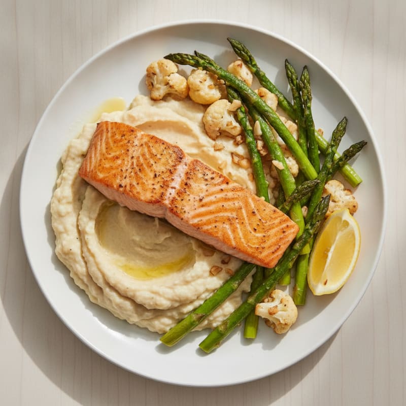 Seared Salmon with Roasted Asparagus and Cauliflower Mash
