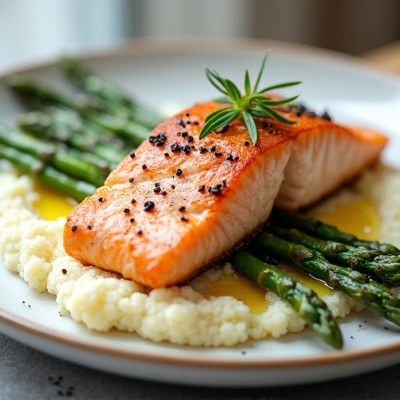 Seared Salmon with Steamed Asparagus and Cauliflower Mash