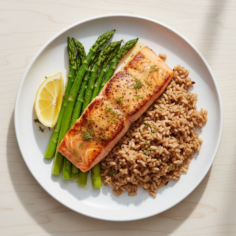 Seared Salmon Fillet with Steamed Asparagus and Brown Rice