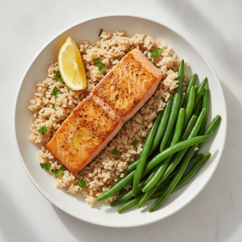 Seared Salmon Fillet with Steamed Green Beans and Herb Rice
