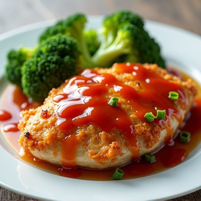 Crispy Baked Chicken with Tangy Sweet and Sour Sauce and Steamed Broccoli