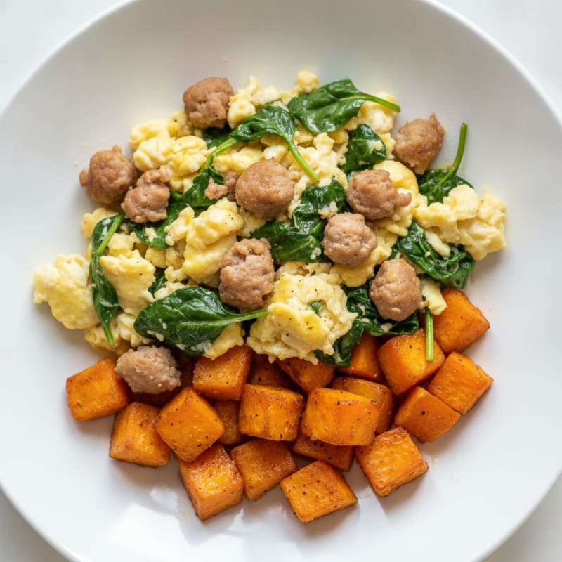 Egg White and Turkey Sausage Scramble with Spinach and Roasted Sweet Potatoes