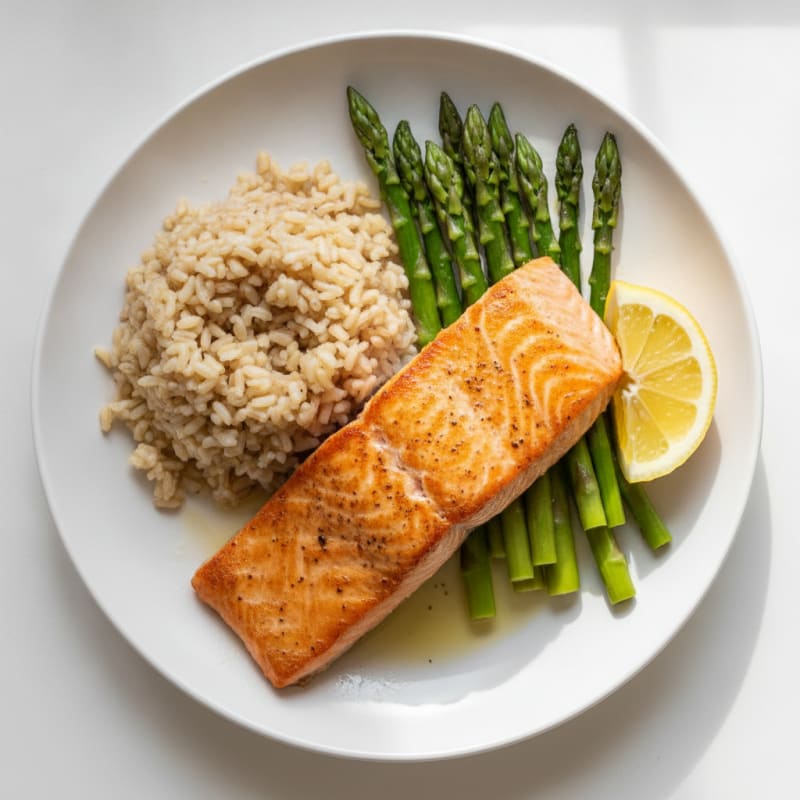 Seared Salmon with Steamed Asparagus and Brown Rice