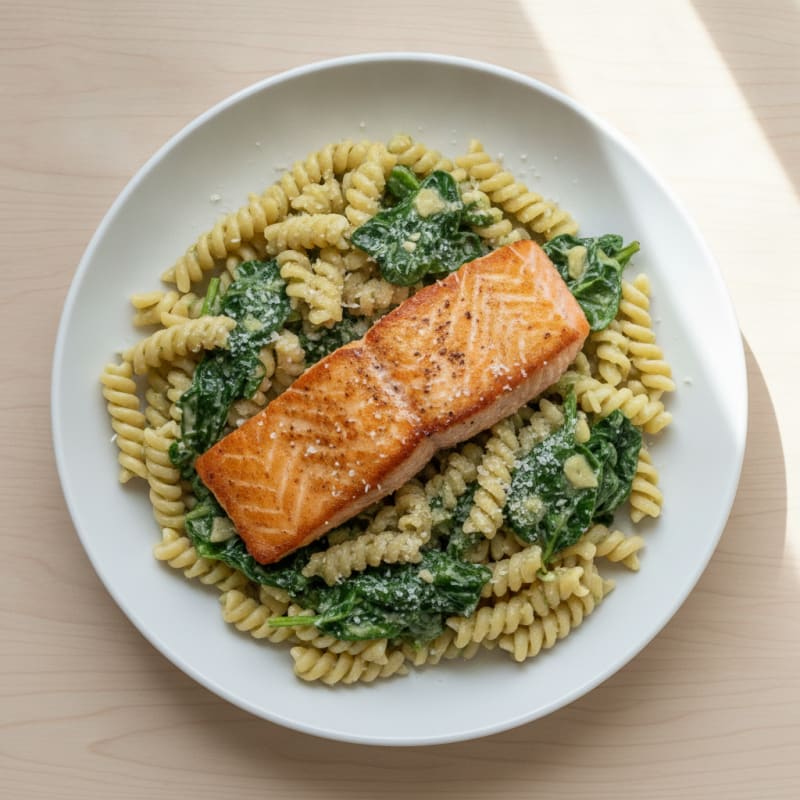 Seared Salmon with Creamy Spinach Pasta
