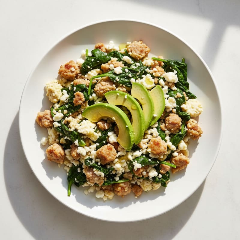 Egg White and Turkey Sausage Scramble with Spinach and Feta