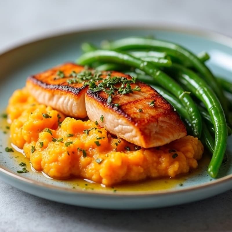Seared Salmon with Steamed Green Beans and Sweet Potato Mash