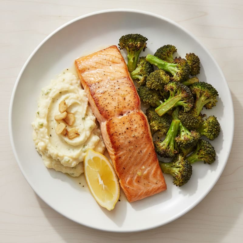 Seared Salmon with Roasted Broccoli and Garlic Mashed Cauliflower