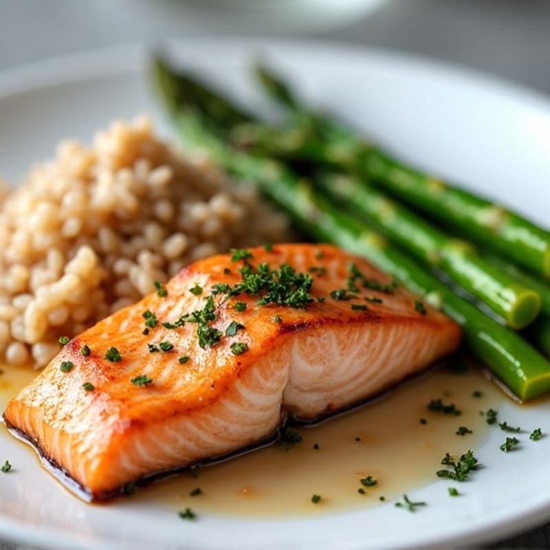 Seared Salmon with Steamed Asparagus and Brown Rice