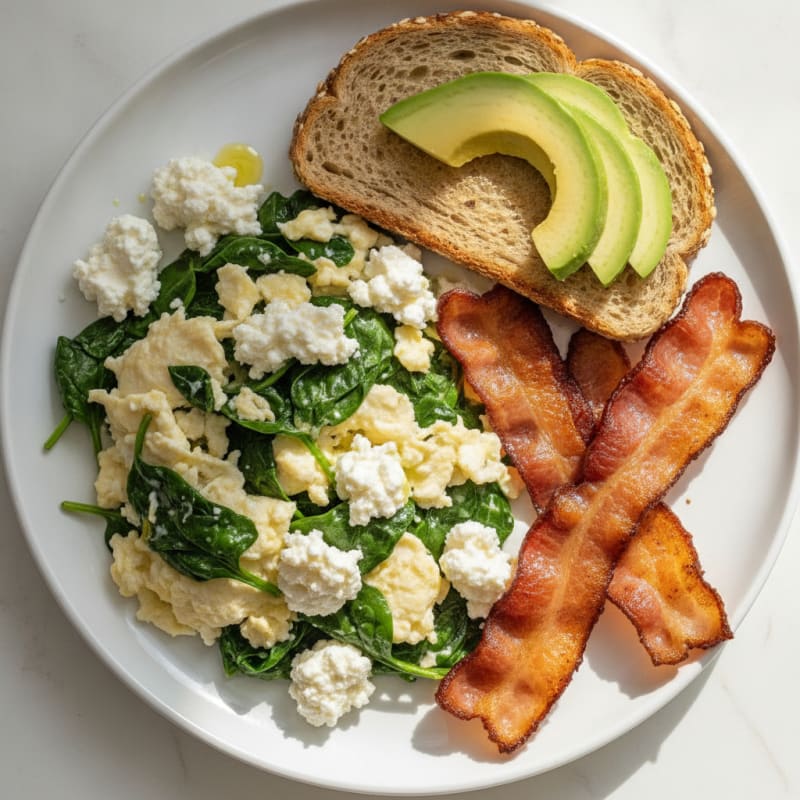 Egg White Spinach Scramble with Cottage Cheese and Turkey Bacon