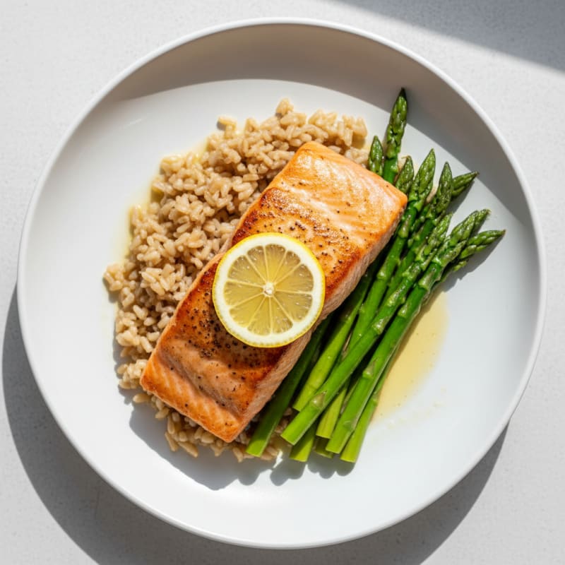 Seared Salmon with Steamed Asparagus and Brown Rice