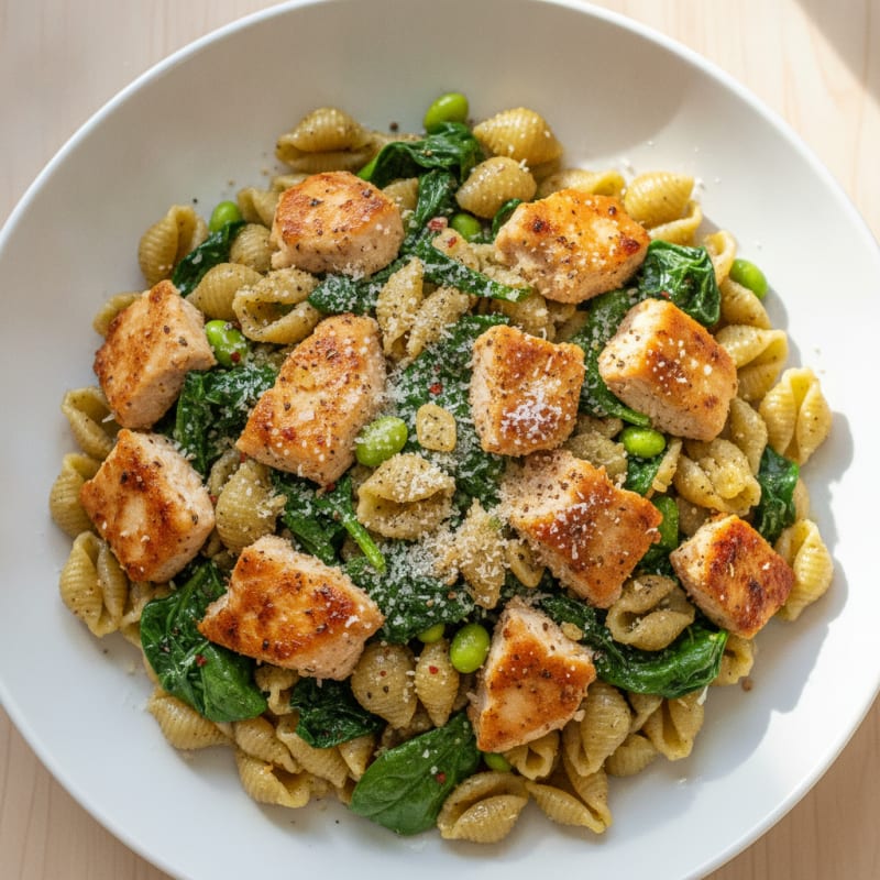 Garlic-Herb Chicken Edamame Pasta with Spinach