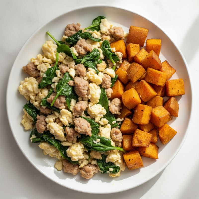 Egg White and Turkey Sausage Scramble with Spinach and Roasted Sweet Potatoes
