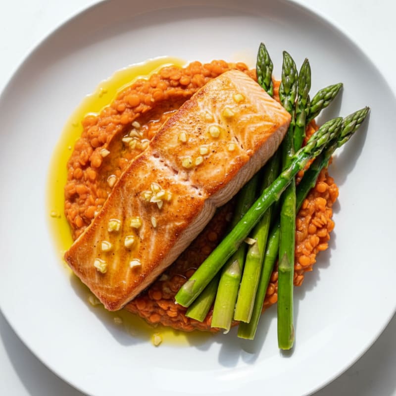 Seared Salmon with Creamy Lentil Mash and Steamed Asparagus