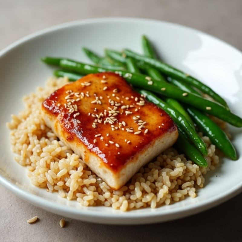 Garlic-Ginger Glazed Pork with Sesame Green Beans and Rice