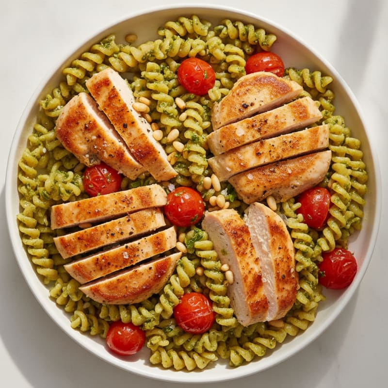 Pesto Cherry Tomato Pasta with Toasted Pine Nuts