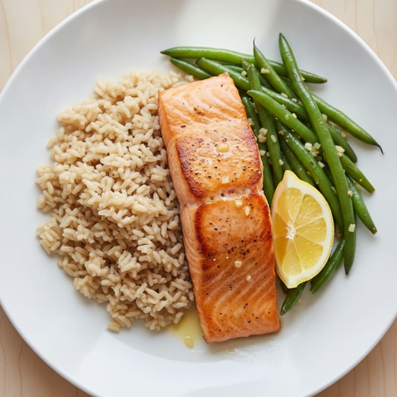 Seared Salmon with Garlic Green Beans and Brown Rice