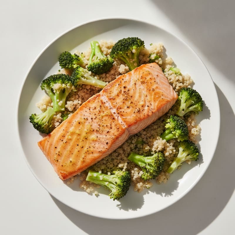Seared Salmon with Steamed Broccoli and Quinoa