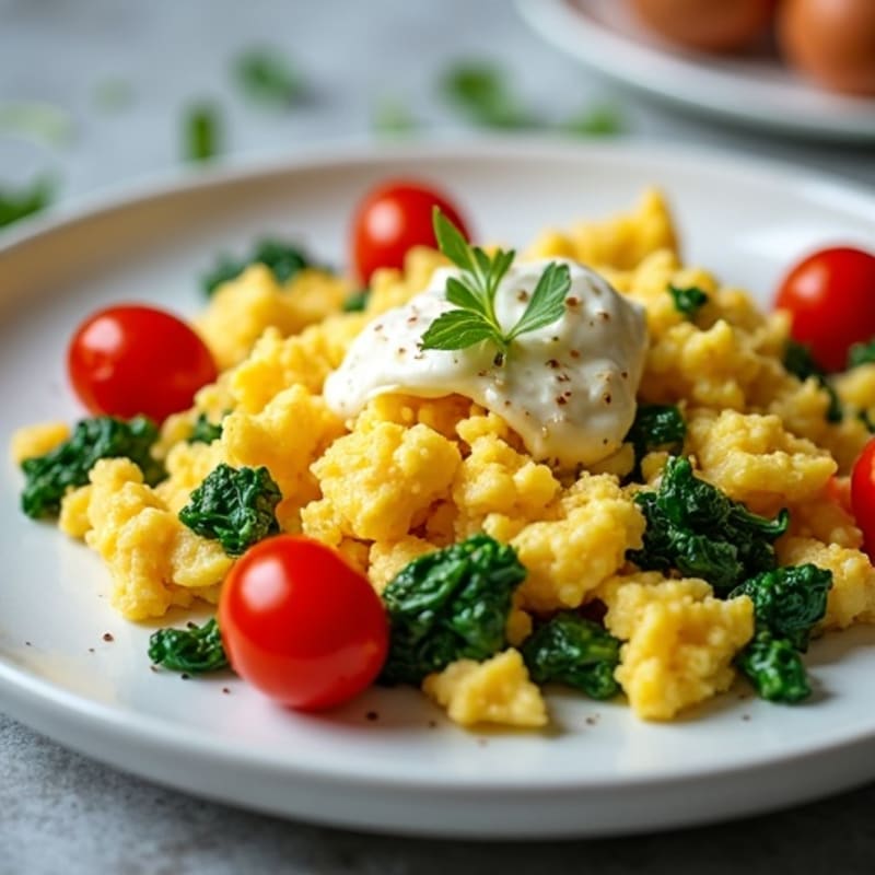 Fluffy Scrambled Eggs with Sautéed Spinach and Cherry Tomatoes