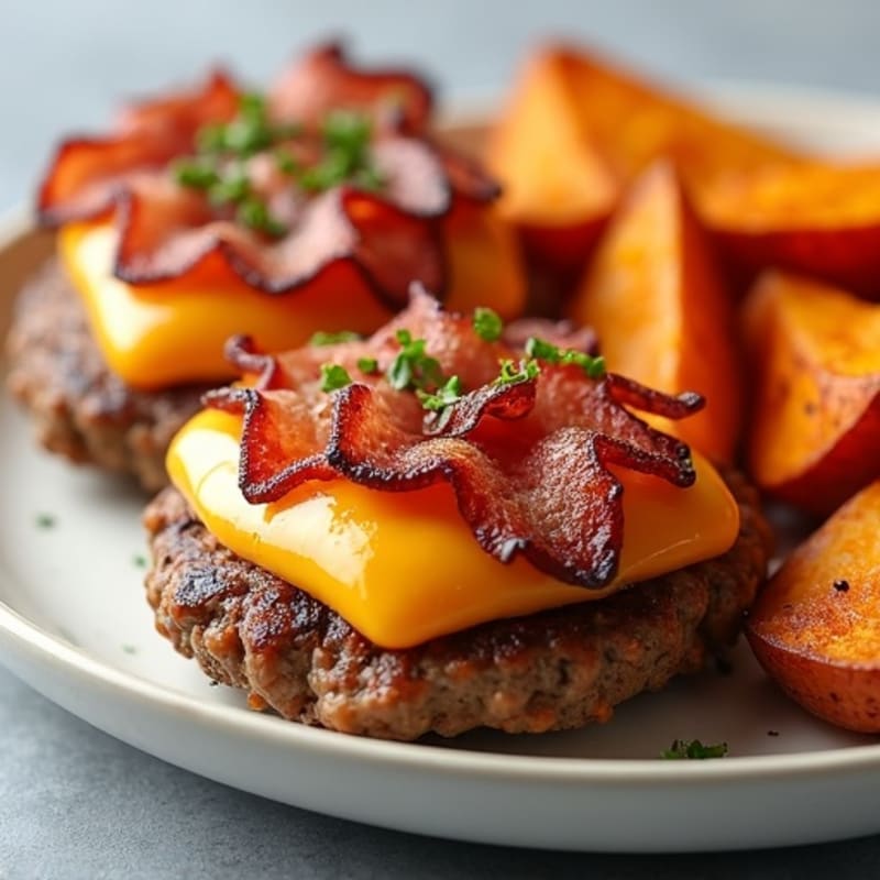 Savory Lean Beef Patties with Crispy Turkey Bacon, Melted Sharp Cheddar, and Roasted Sweet Potato Wedges